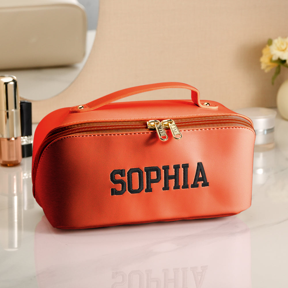 Care instructions visual for personalised PU leather makeup bag – wipe clean with a damp cloth and mild soap for stubborn stains