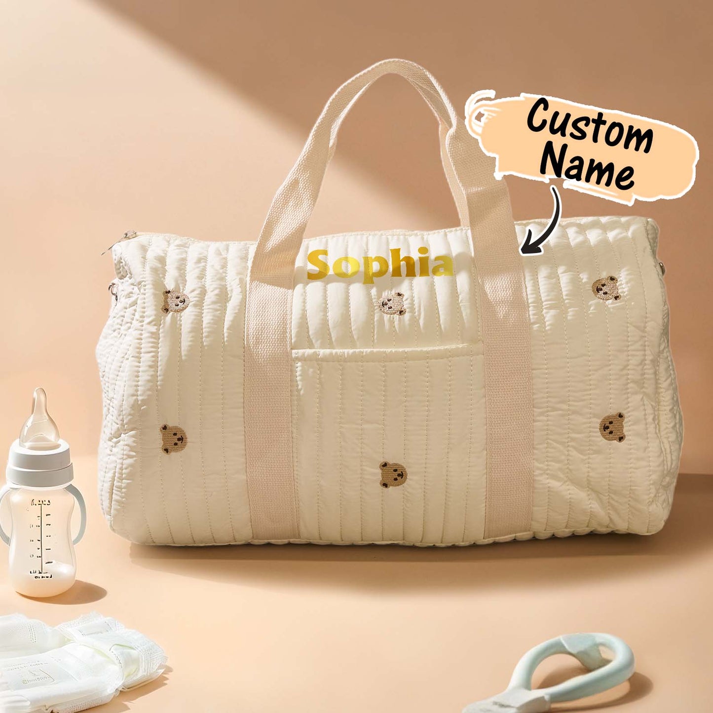 Personalised large-capacity maternity hospital bag with cute rabbit-bear print, cotton exterior and multiple compartments — ideal pregnancy gift for her.