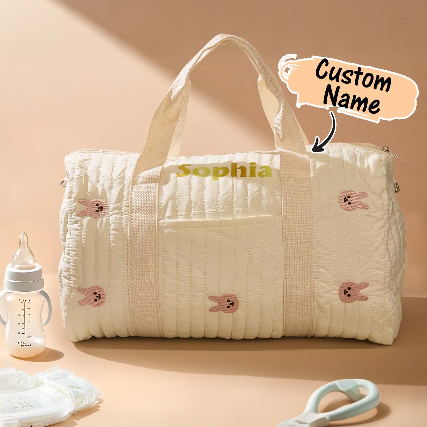 Side view of personalised rabbit-bear maternity hospital bag showing sturdy handles and roomy design for baby essentials and mum’s needs.
