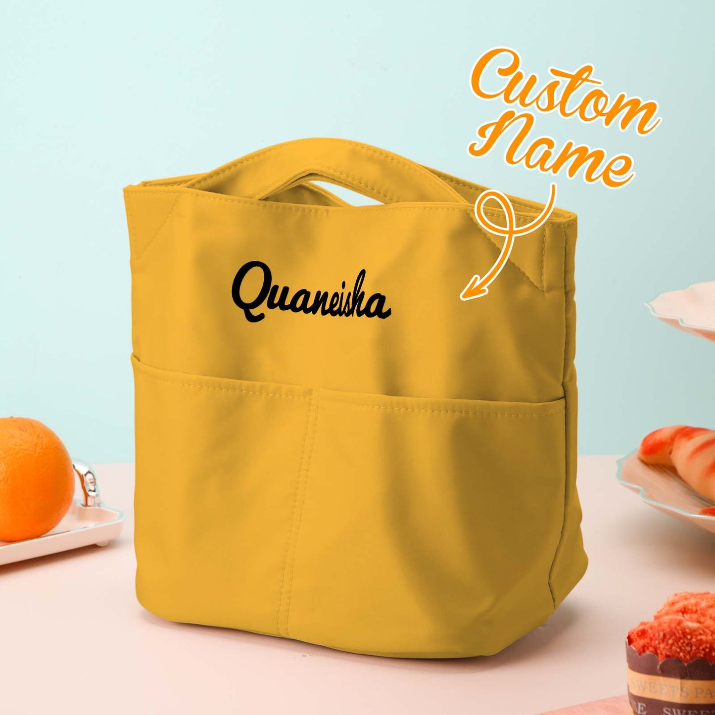 Personalised Lunch Bag Mini Tote side view showing sturdy handles and zip closure – lightweight, durable nylon mini tote for nursery and school