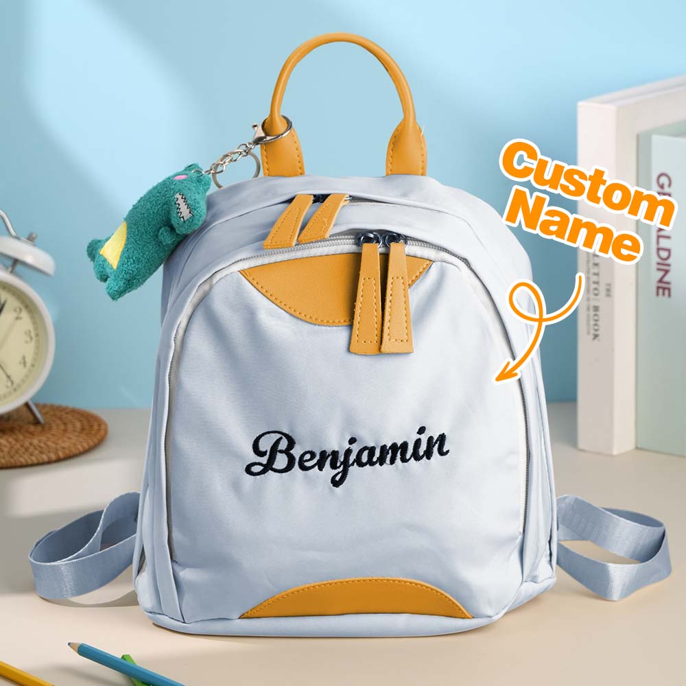 Range of personalised name embroidery examples on mini backpacks – custom school bags for kids, ideal personalised gifts