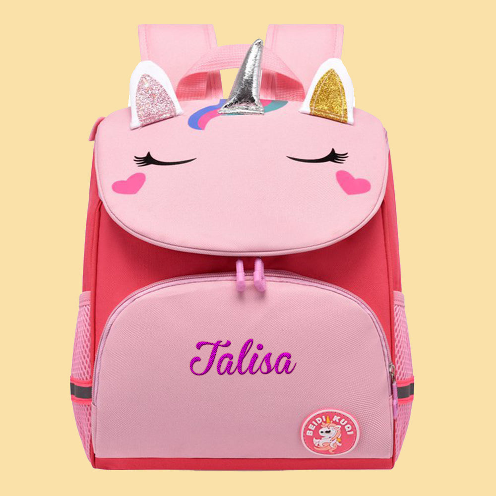 Unicorn print with personalised name embroidery on backpack – ideal custom school bag gift for children and teens