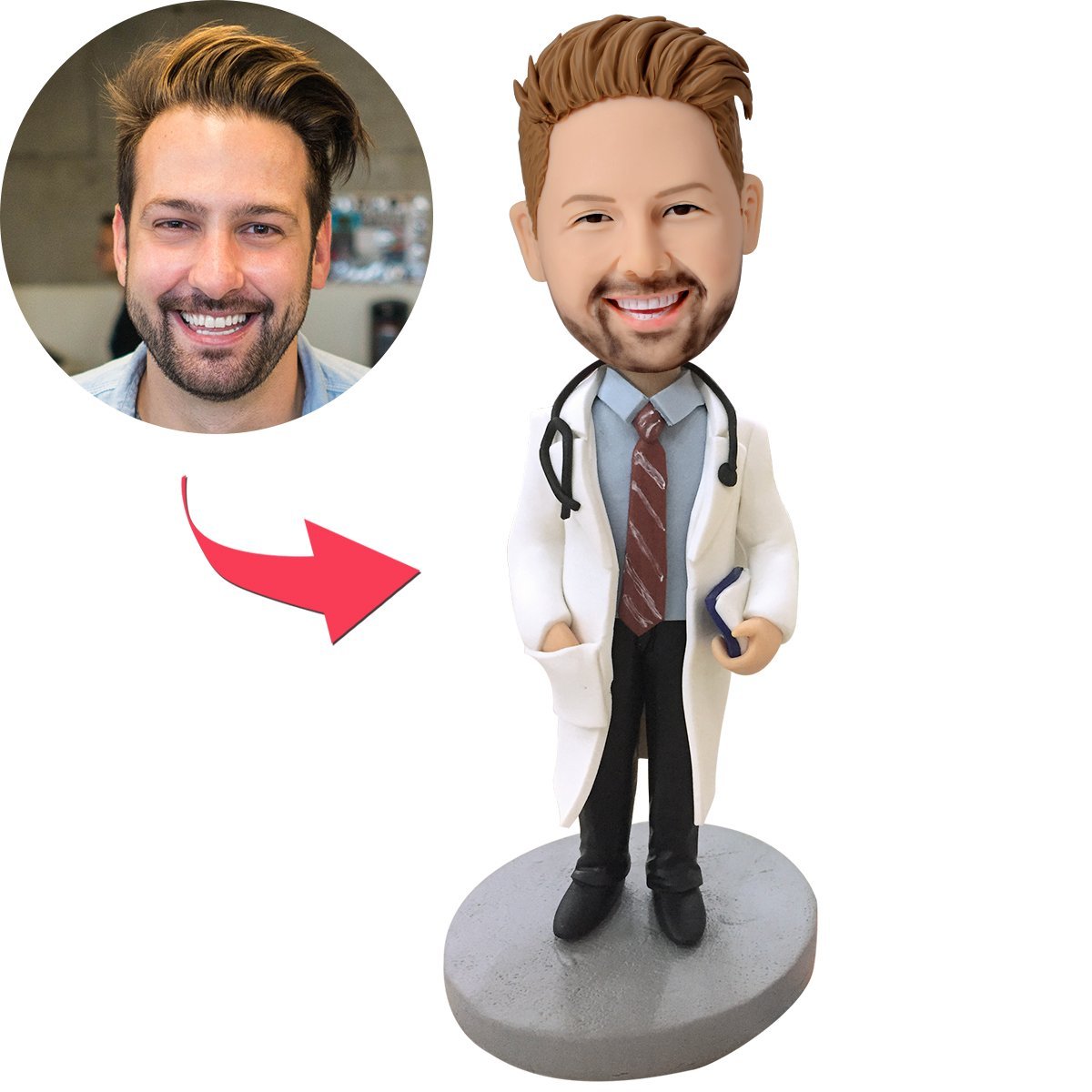 Handcrafted polymer clay personalised doctor bobblehead with stethoscope and engraved base — custom doctor gift for graduation or retirement