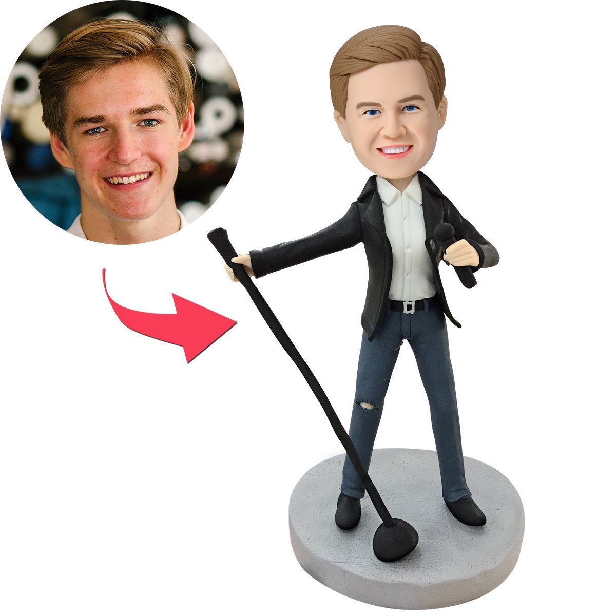 Lead singer personalised bobblehead in polymer clay with engraved base — custom head made from your photo, perfect personalised music gift