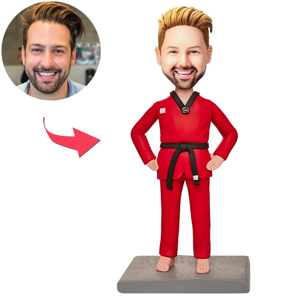 Male Taekwondo Fighter custom bobblehead — personalised polymer clay figurine with customised head and engraved text on base, ideal Taekwondo gift for competitors and coaches