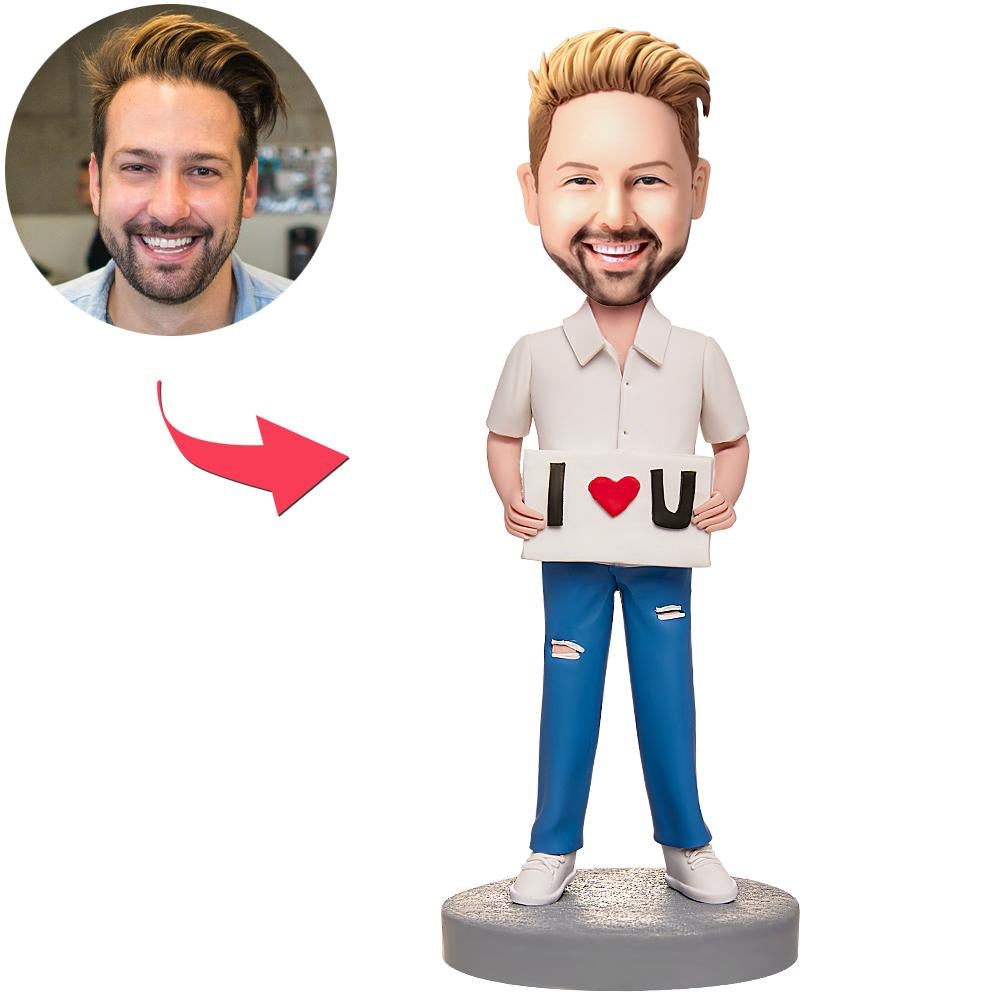 Personalised male 'I LOVE U' bobblehead with engraved text on the base, custom head created from your photo — polymer clay keepsake gift for him