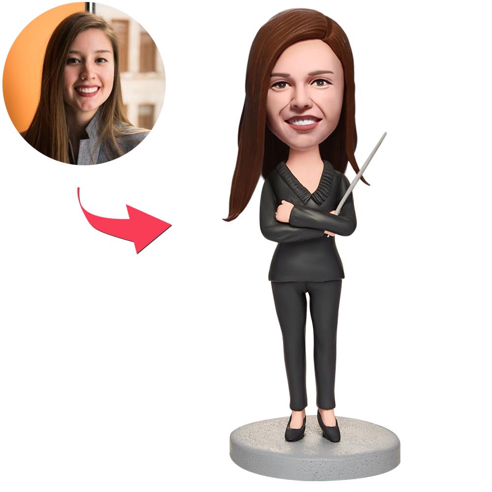 Custom female teacher bobblehead in polymer clay with personalised head and engraved base, handcrafted teacher gift ideal for teacher appreciation