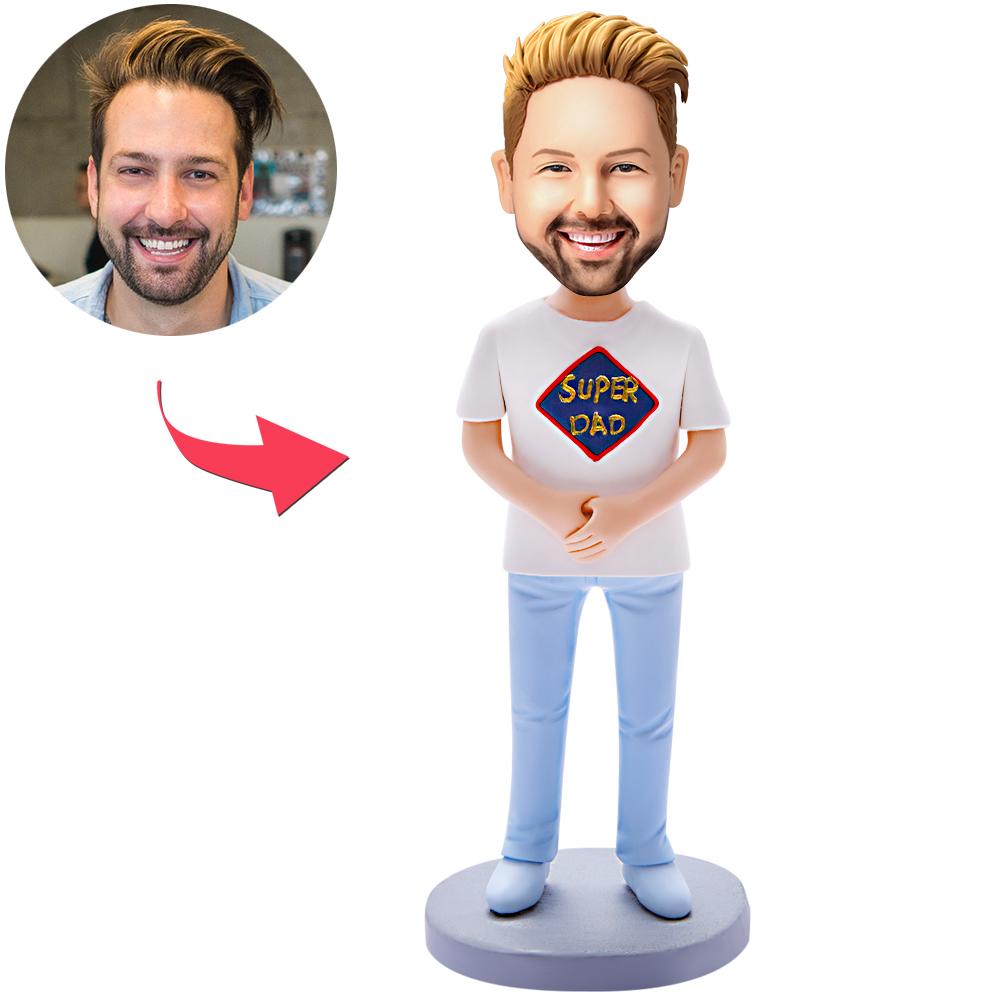 Personalised Super Dad bobblehead (polymer clay) with engraved text on the base, customised head matching chosen hairstyle — personalised dad bobblehead gift