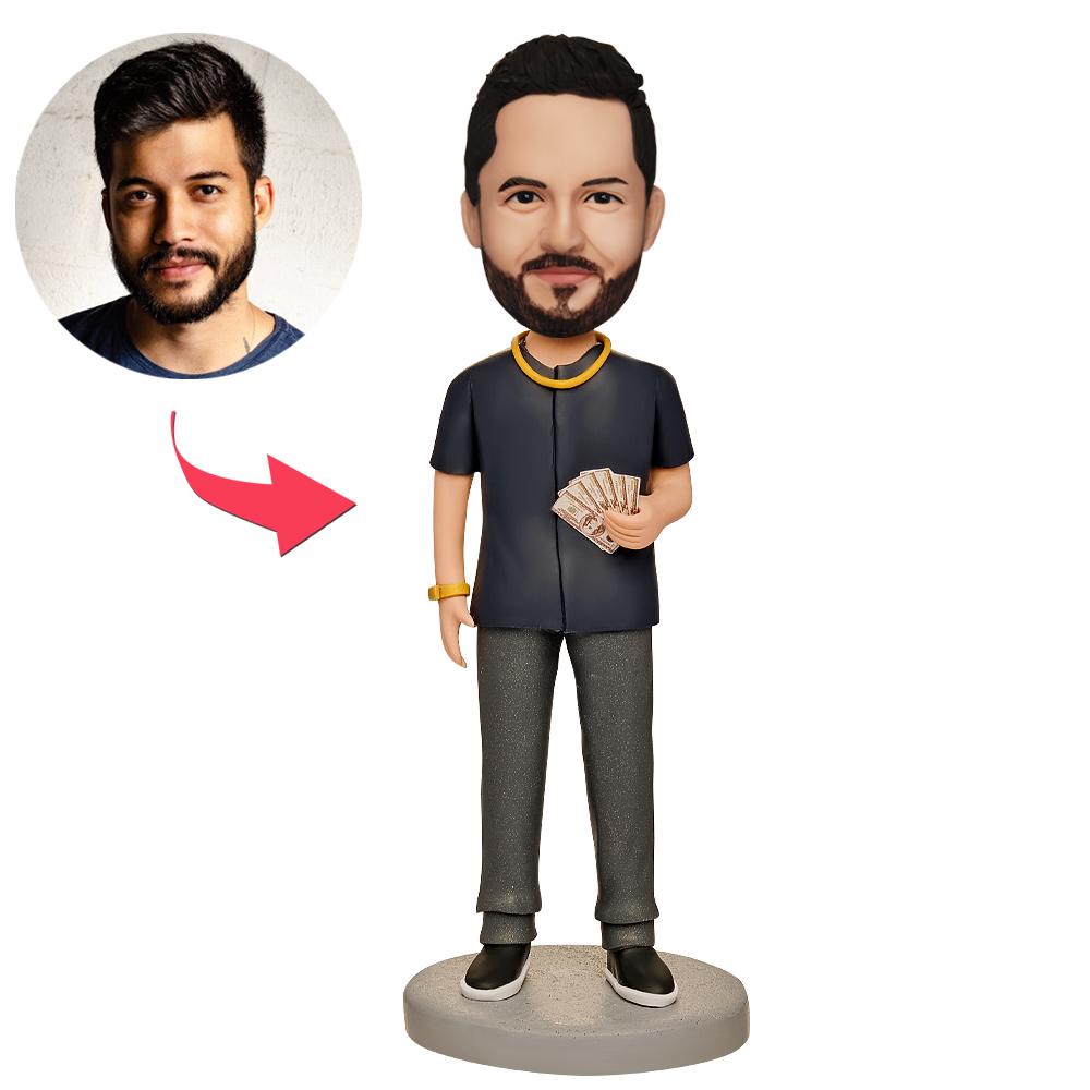 Rich Boss Personalised Bobblehead with engraved base, custom polymer clay head and business suit ideal as a personalised boss gift and corporate keepsake