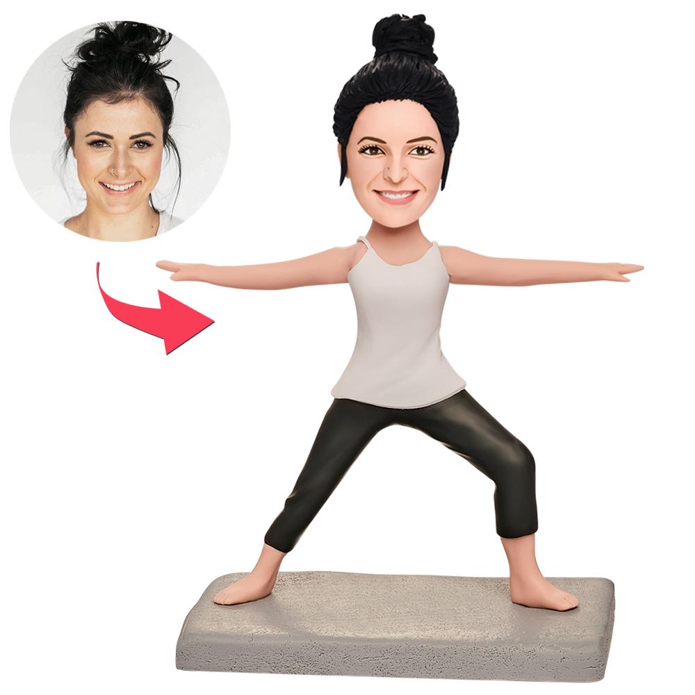 Fitness Yoga Queen personalised bobblehead in yoga pose, polymer clay figurine with customisable head and engraved text – perfect personalised fitness bobblehead gift