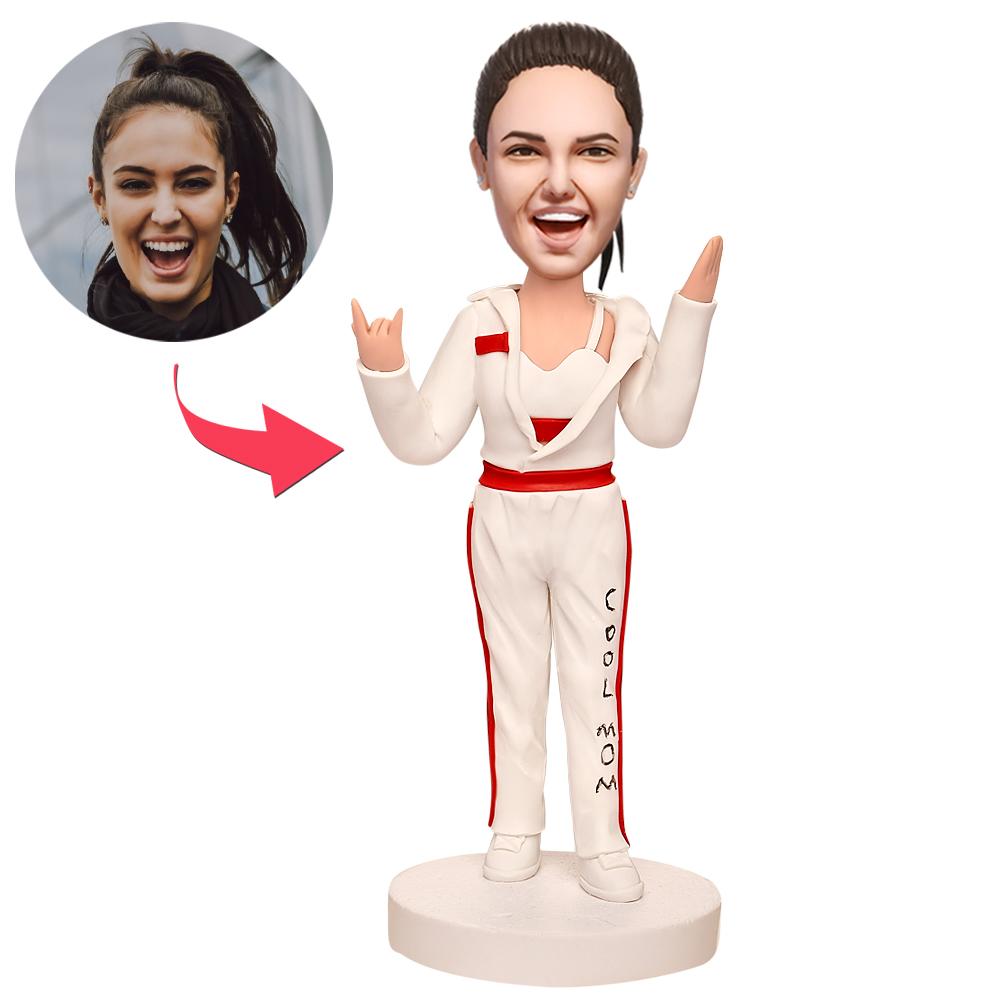 Super Cool Mum personalised polymer clay bobblehead with engraved text on base, customised head likeness and outfit as pictured, unique Mum gift