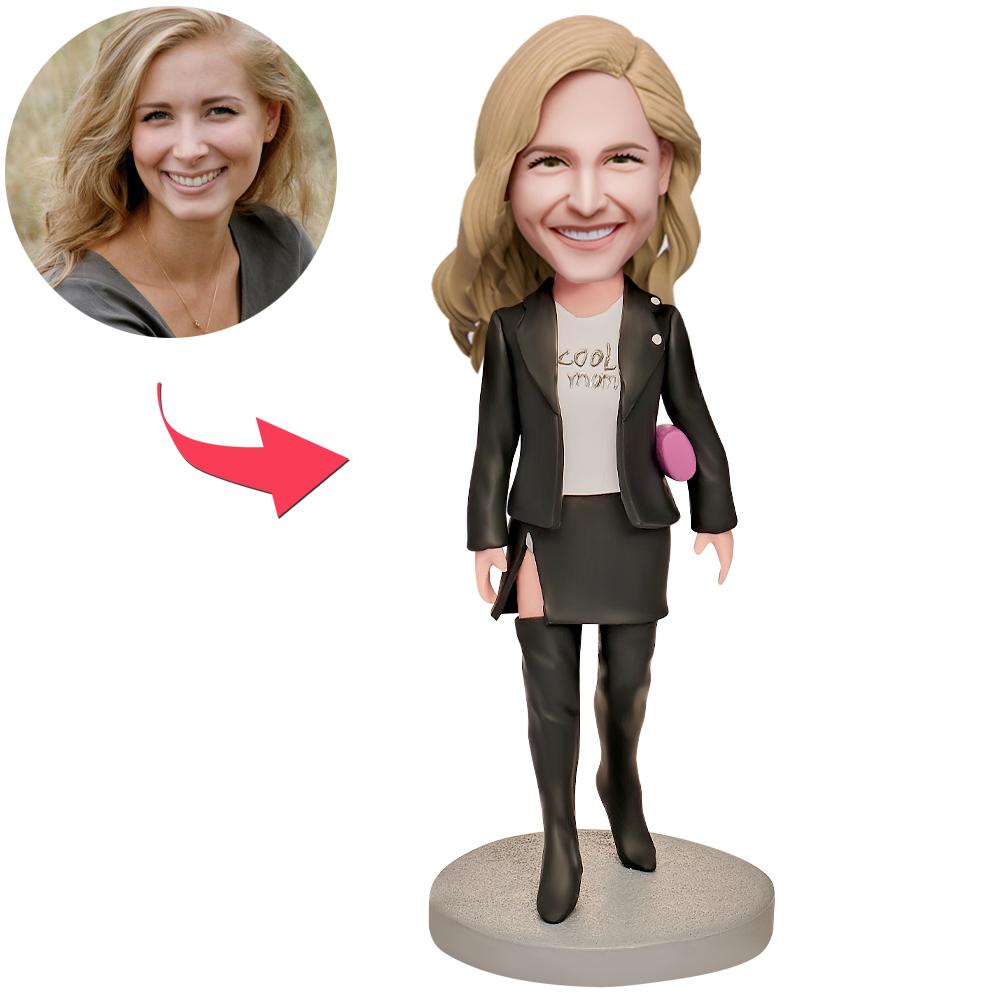 Super Cool Mum personalised bobblehead in black suit — polymer clay figure with personalised head from your photo and engraved base text