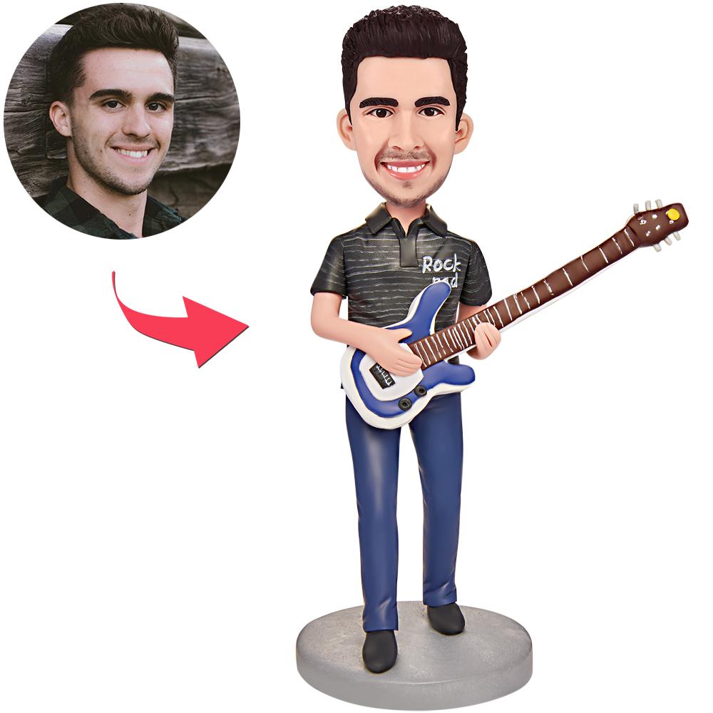 Rock Dad personalised bobblehead (polymer clay) with engraved text on the base — customised head portrait, ideal personalised face gift and funny gift for Dad for Father’s Day or birthdays