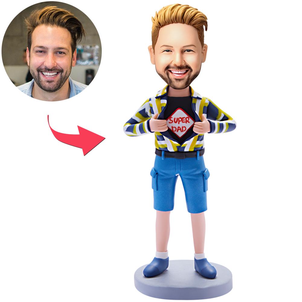Custom Bobblehead Super Dad personalised engraved text – polymer clay superhero figure with customised head and engraved base, ideal Father's Day gift