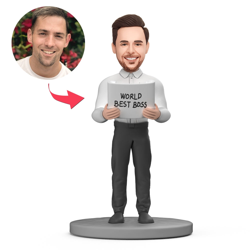 WORLD BEST BOSS custom bobblehead with engraved text, polymer clay full‑standing (head‑to‑toe) personalised figure with short hairstyle bobble head