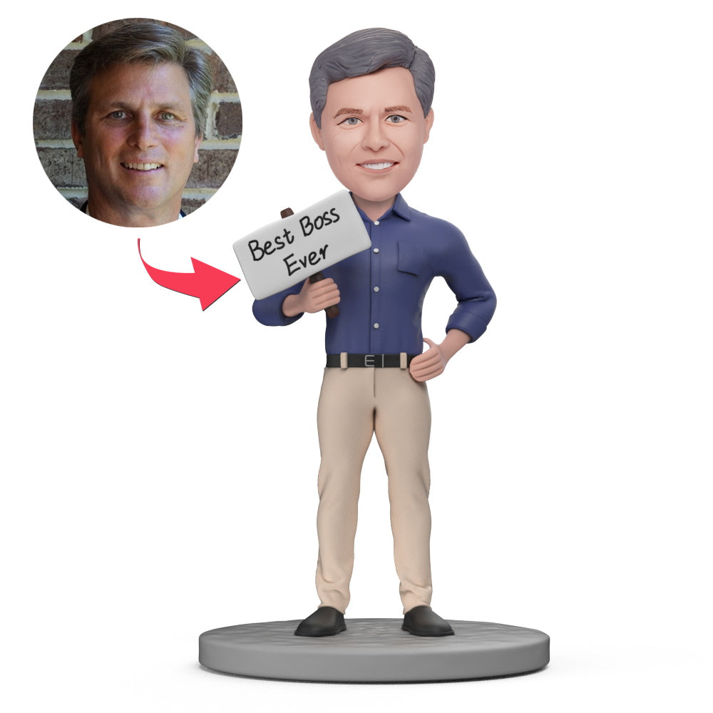 BEST BOSS EVER personalised polymer clay bobblehead with customised head likeness and engraved base — ideal personalised boss gift, retirement keepsake and office display