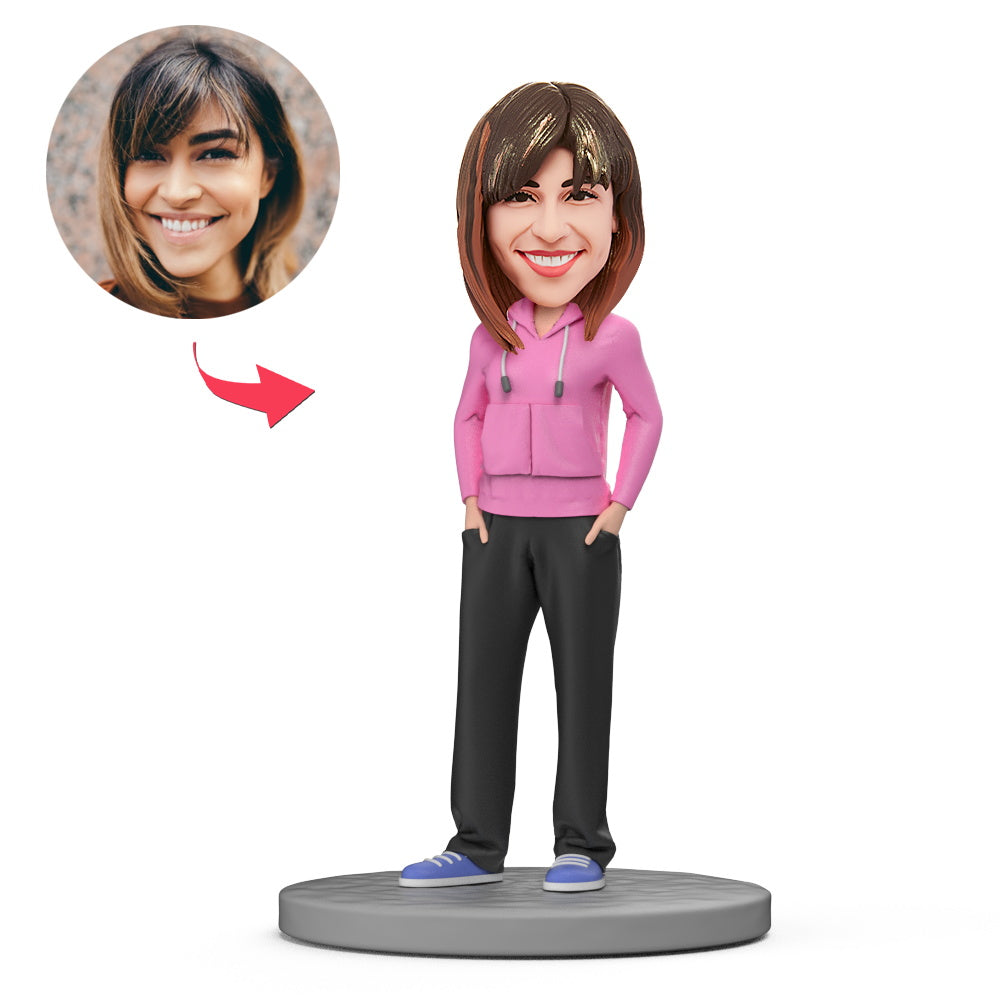 HipPop Girls personalised bobblehead with engraved text on base, polymer clay custom keepsake with the head personalised from your photo — ideal birthday, bridesmaid or teacher gift