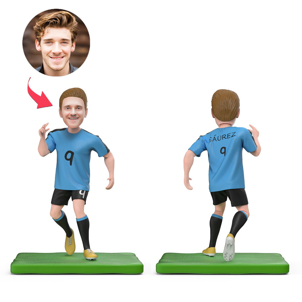 Personalised Suarez World Cup football bobblehead with engraved base – front view, handcrafted polymer clay and customised head likeness