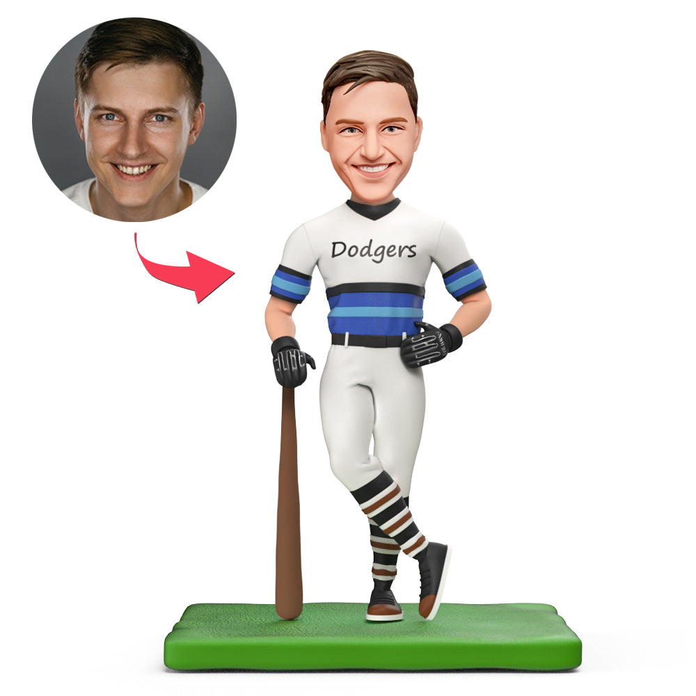Custom Dodgers white baseball jersey bobblehead — full-standing polymer clay statuette with personalised head and engraved base, ideal personalised engraved gift
