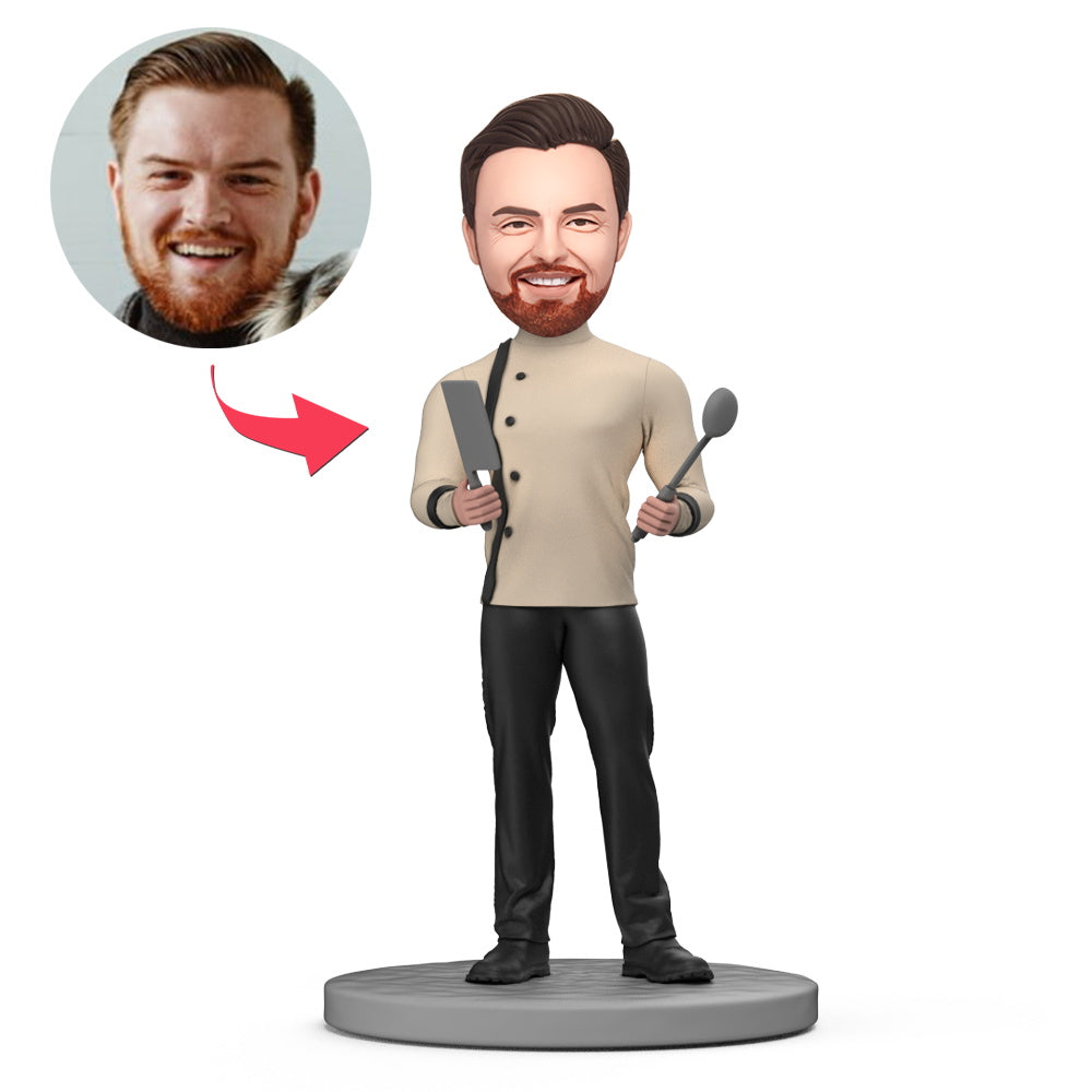 Personalised five-star chef bobblehead with custom face and engraved text on the base, handmade polymer clay keepsake for cooks and chefs in the UK and Australia