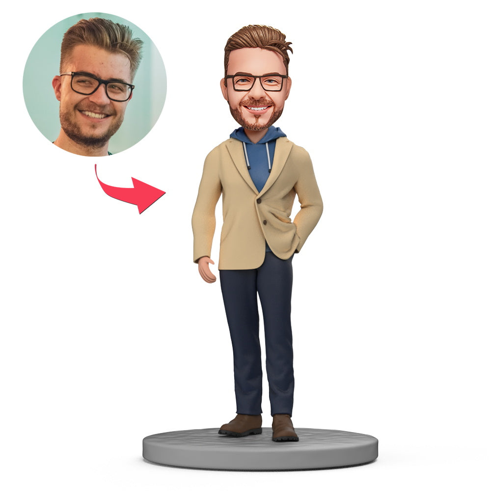 Personalised casual men's bobblehead (hands in pockets) with engraved text on base — polymer clay custom head