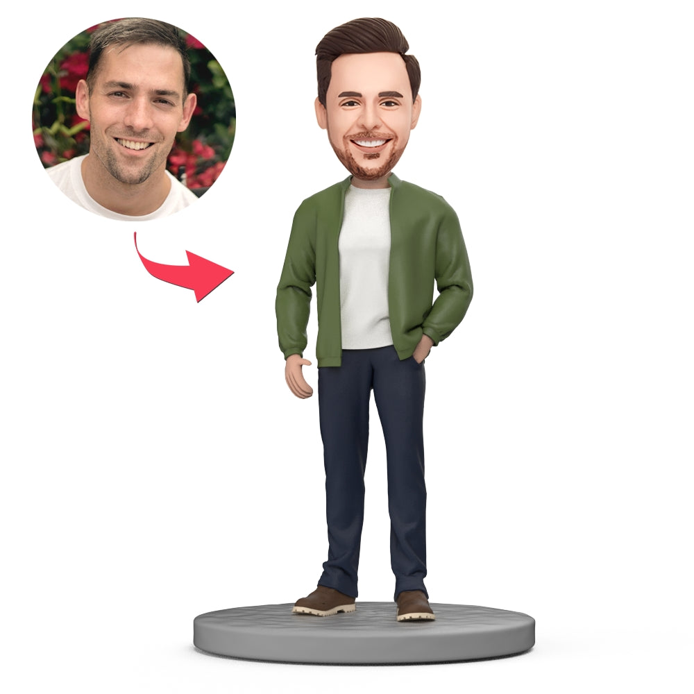 Personalised jacket and black trousers bobblehead on engraved base — handmade polymer clay figurine with a custom bobble head and personalised engraved text