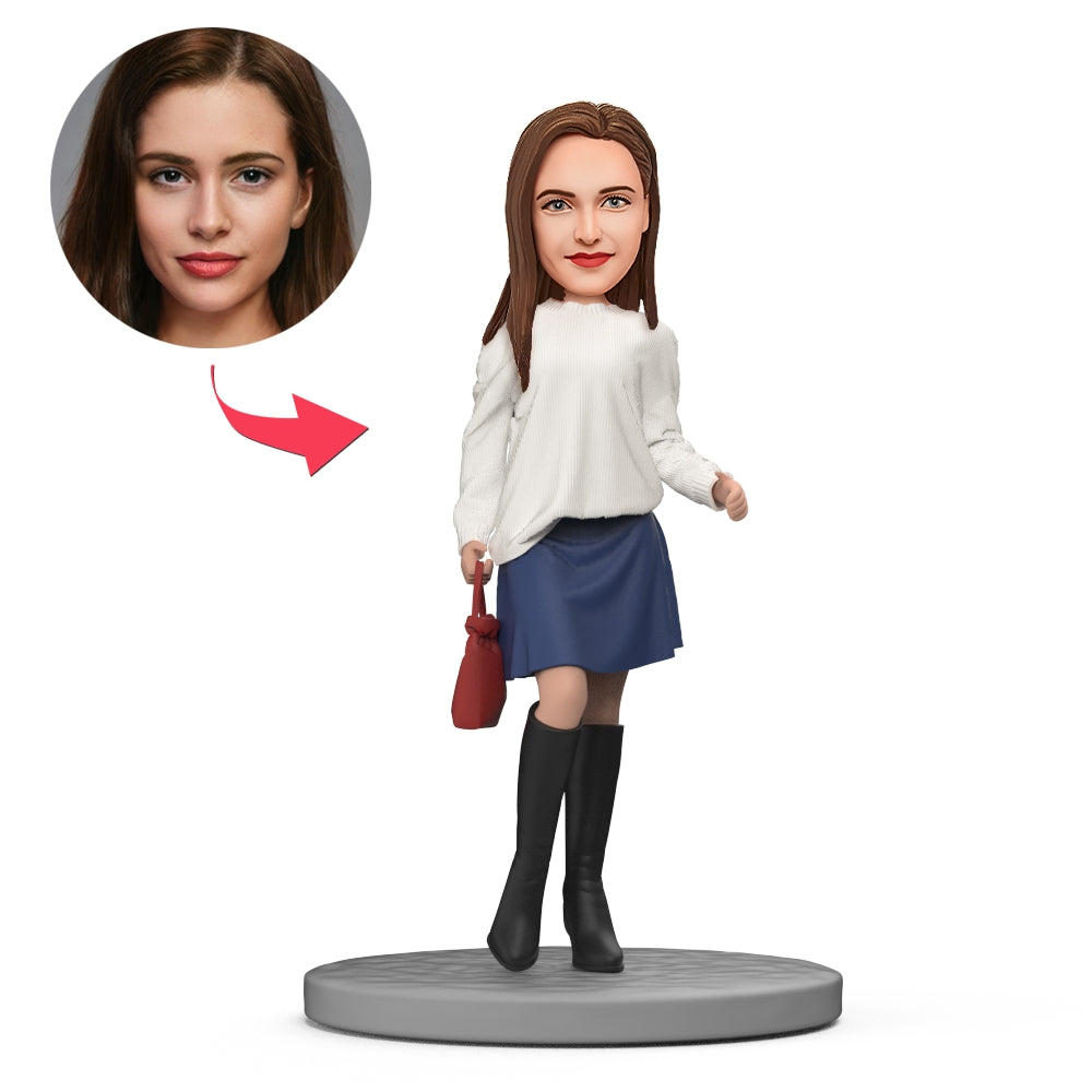 White sweater and boots personalised polymer clay figurine - custom bobble head with personalised head and option for engraved text on the base