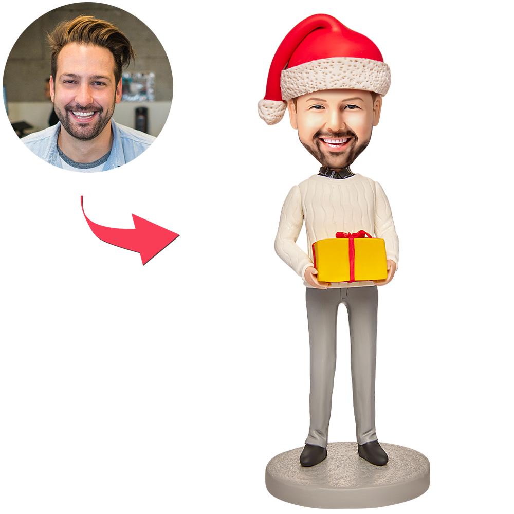 Personalised Christmas bobblehead for men, polymer clay figurine with customised head from photo and engraved text on the base