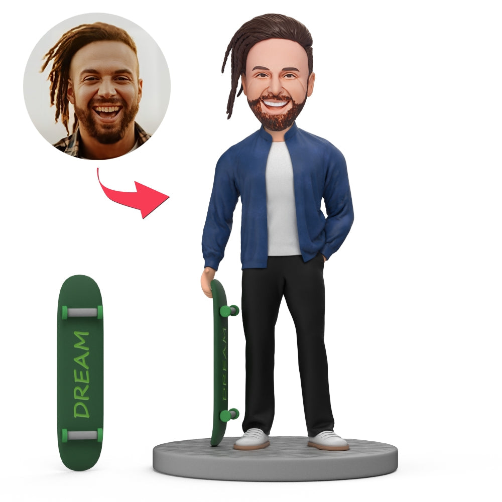 Front view of personalised hip hop skateboard boy bobblehead with engraved base, custom bobblehead gift for him