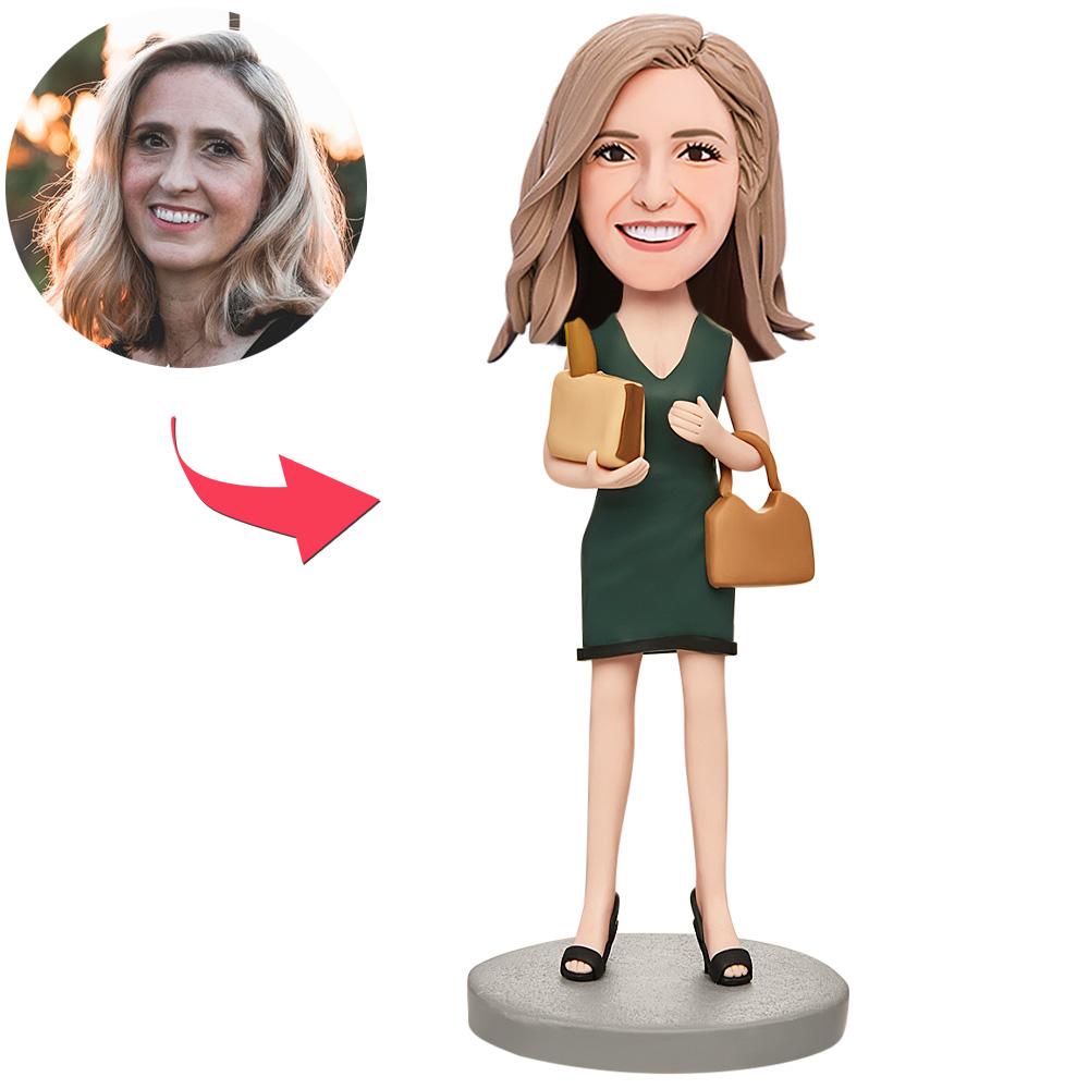 Personalised 'Beautiful Mum' polymer clay bobblehead holding a baguette and bag, custom head likeness with engraved base — ideal mum bobblehead gift