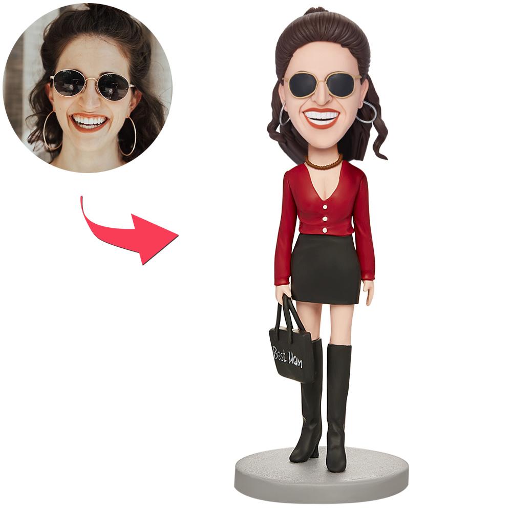 Red Top & Black Skirt 'Best Mum' personalised bobblehead – polymer clay standing figure with custom head likeness and engraved base
