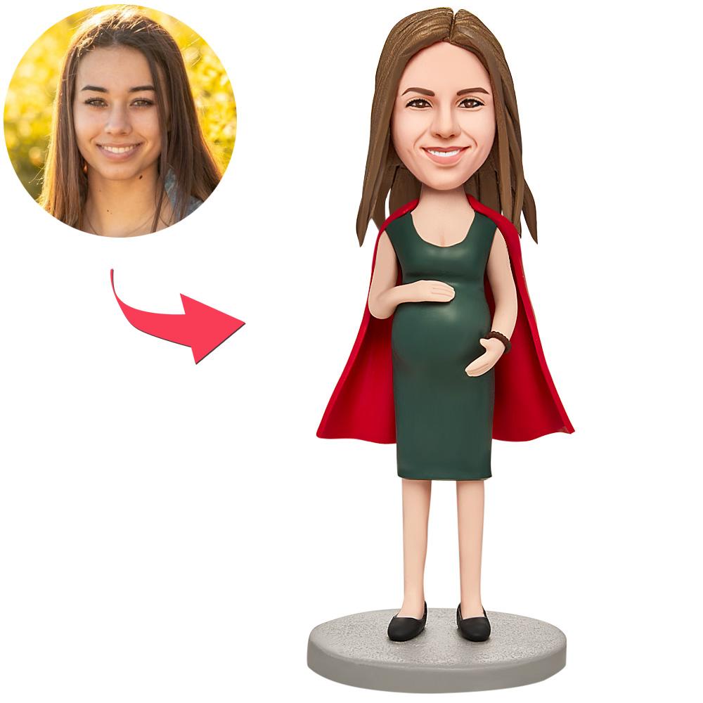 Personalised handmade polymer clay Pregnant Super Mum bobblehead in red cape with customised head and engraved base – perfect gift for new mum