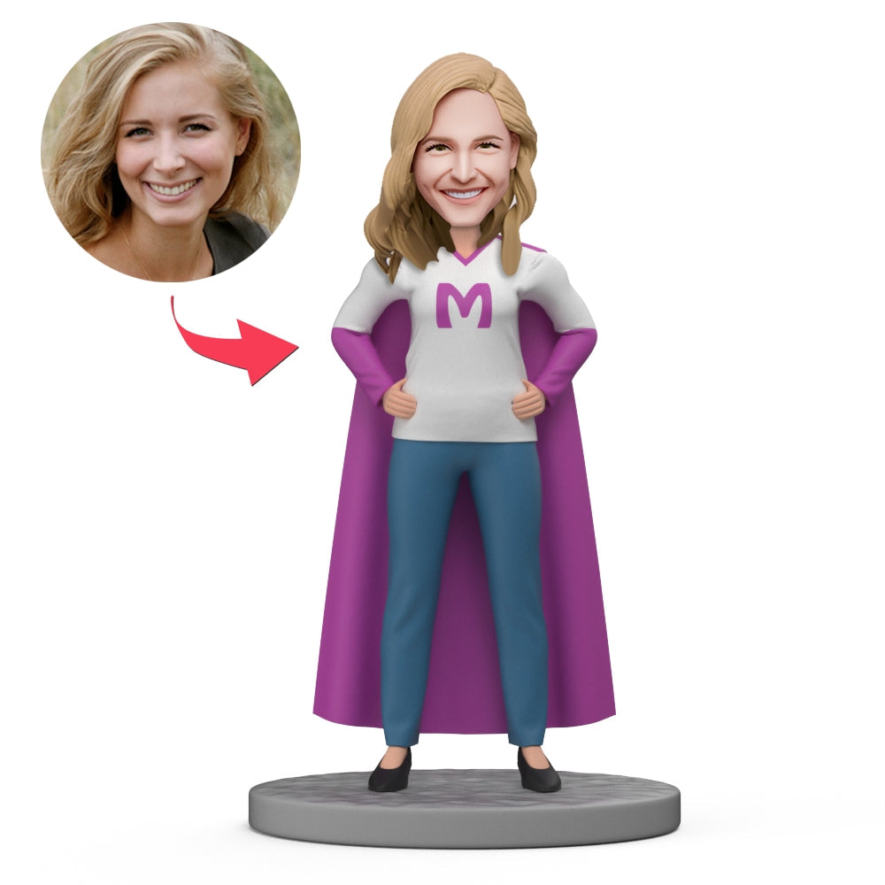 Super Mum personalised bobblehead with purple cape – handcrafted polymer clay full-standing figure for Mother’s Day; personalised head (face and chosen hairstyle) ideal personalised face gift for Mum