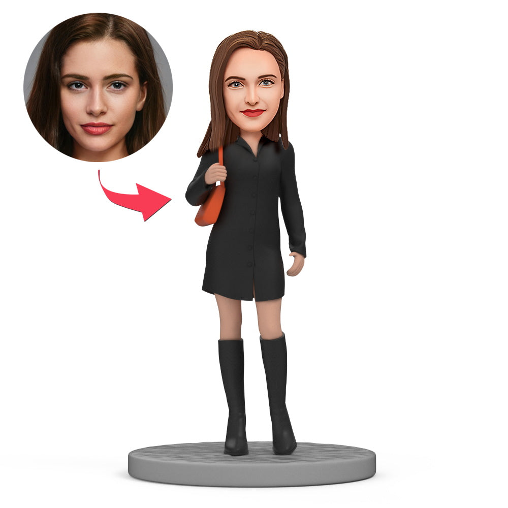 Personalised black skirt bobblehead, handcrafted polymer clay custom girl bobblehead with personalised head from your photo and engraved text