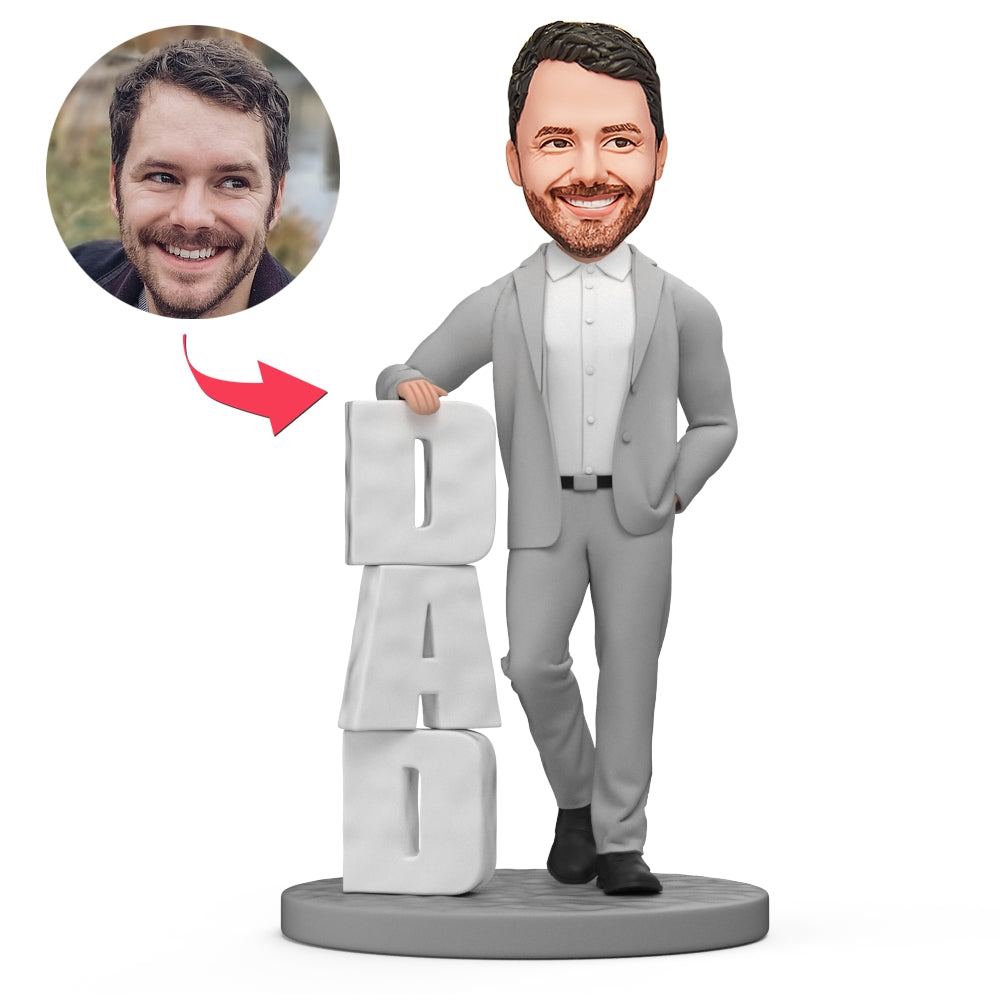 Personalised business Dad bobblehead in polymer clay - custom head likeness with engraved text on the base, perfect Father's Day or birthday gift for Dad