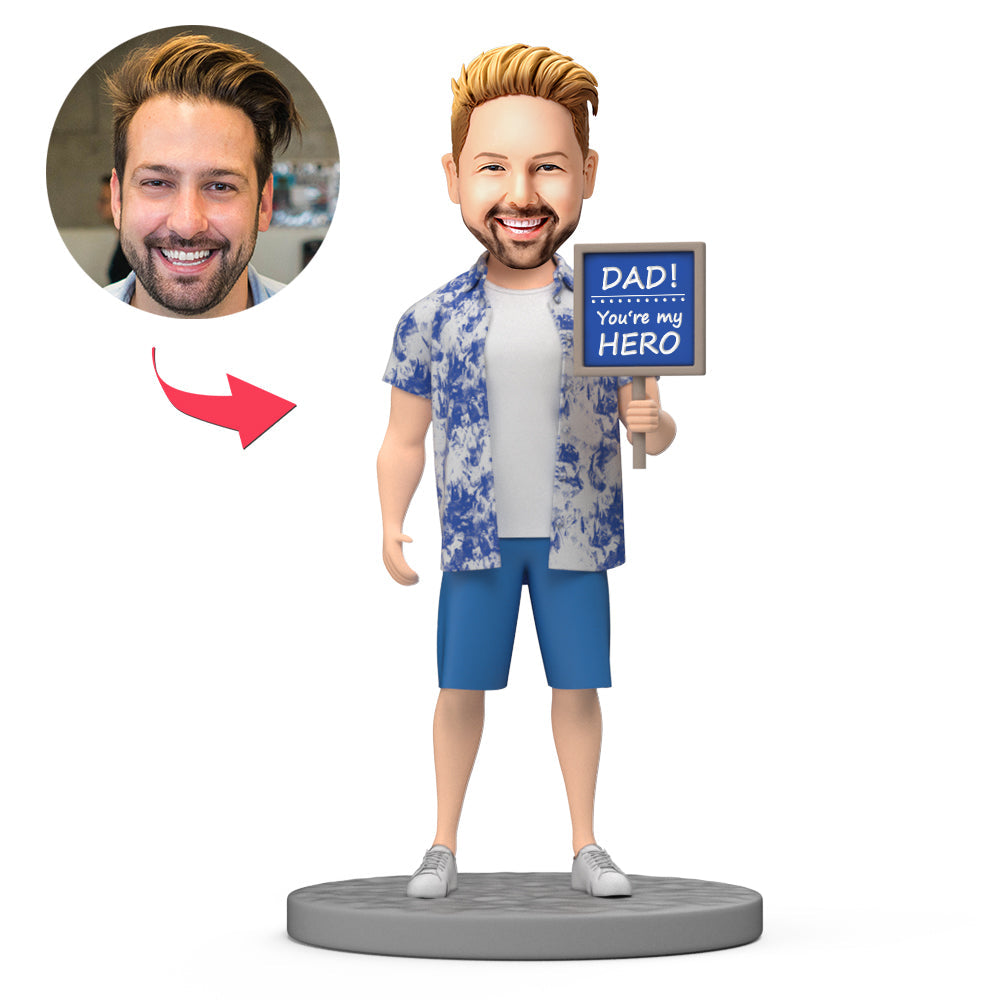 Personalised Father's Day bobblehead 'You Are My Hero' – polymer clay figure with a custom head matched to hairstyle and expression, standing hero pose; ideal personalised gift for dad