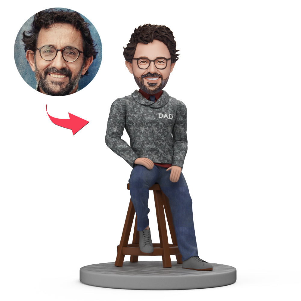 Custom Dad bobblehead sitting on a stool — personalised polymer clay bobblehead with a custom face from your photo; ideal Father's Day gift and personalised face gift for Dad