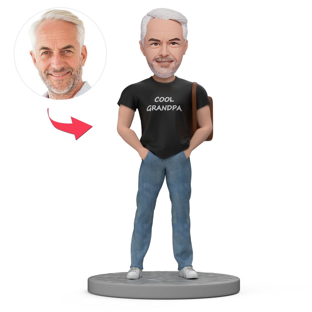 Father's Day personalised bobblehead – polymer clay cool grandpa figurine with customised head to match your photos, casual clothing and engraved base for custom text; ideal personalised Father's Day gift for grandad
