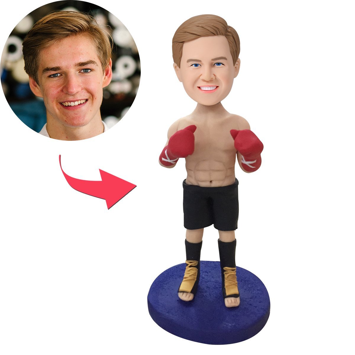 Personalised polymer clay boxer bobblehead with custom head and engraved base, hand-painted boxer in gloves and shorts — personalised gift for fighters, coaches and fans