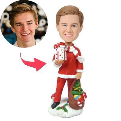 Personalised Santa's Male Helper Christmas bobblehead – standing custom polymer clay figure with personalised head and engraved base, perfect engraved text gift
