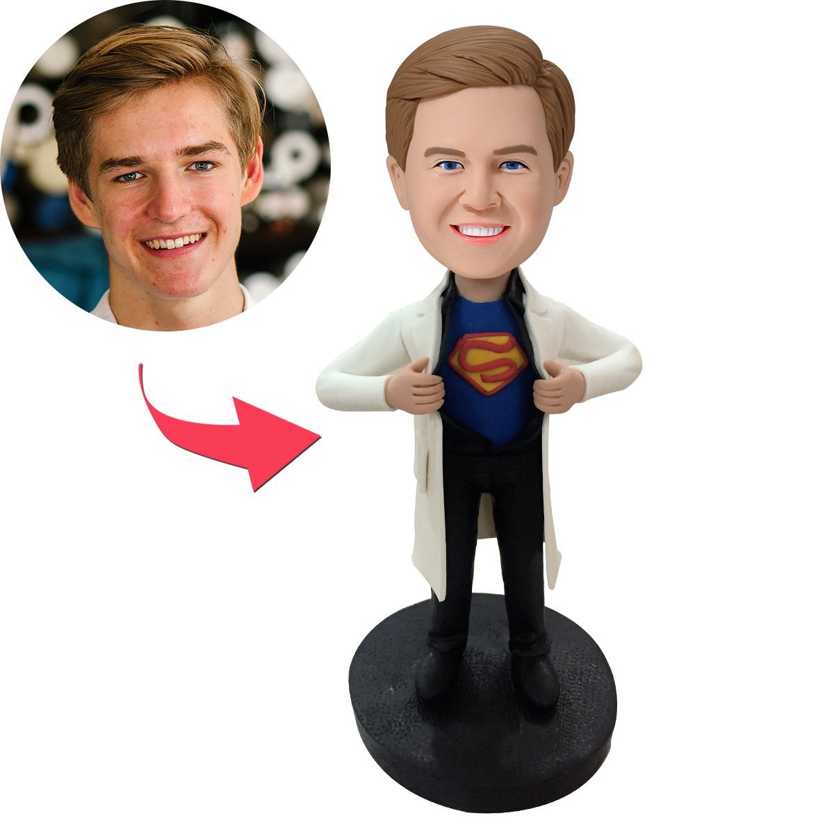 Personalised Superman doctor bobblehead in hand-finished polymer clay with a customised head sculpted from your photos and engraved base — a unique Superman doctor gift.