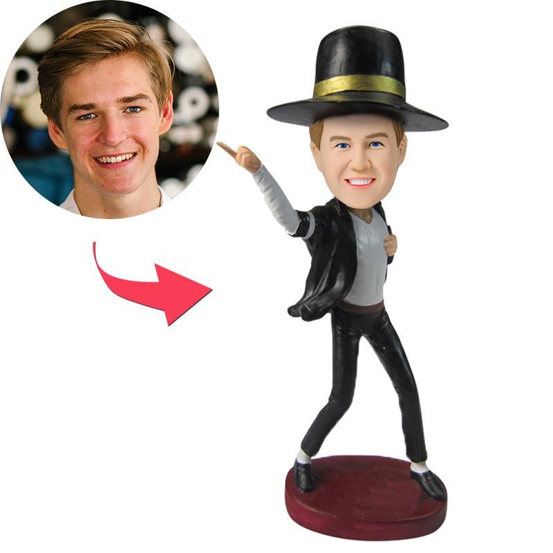 Personalised custom bobblehead with engraved text on base, customised facial features and short hairstyle, premium polymer clay — unique photo gift Australia