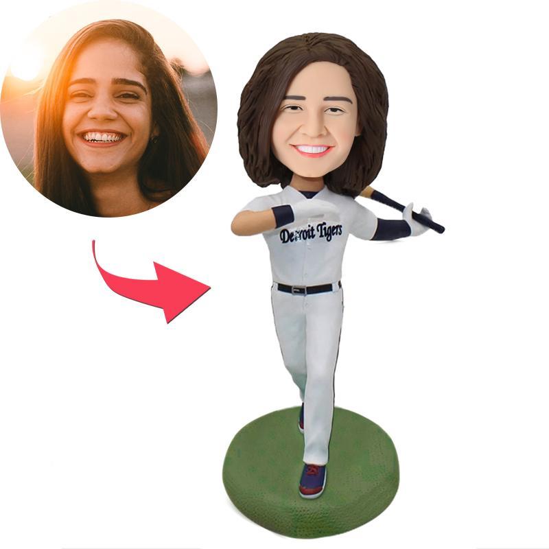 Personalised polymer clay baseball bobblehead of a female batsman, front view with custom engraved text on the base — ideal personalised sports gift