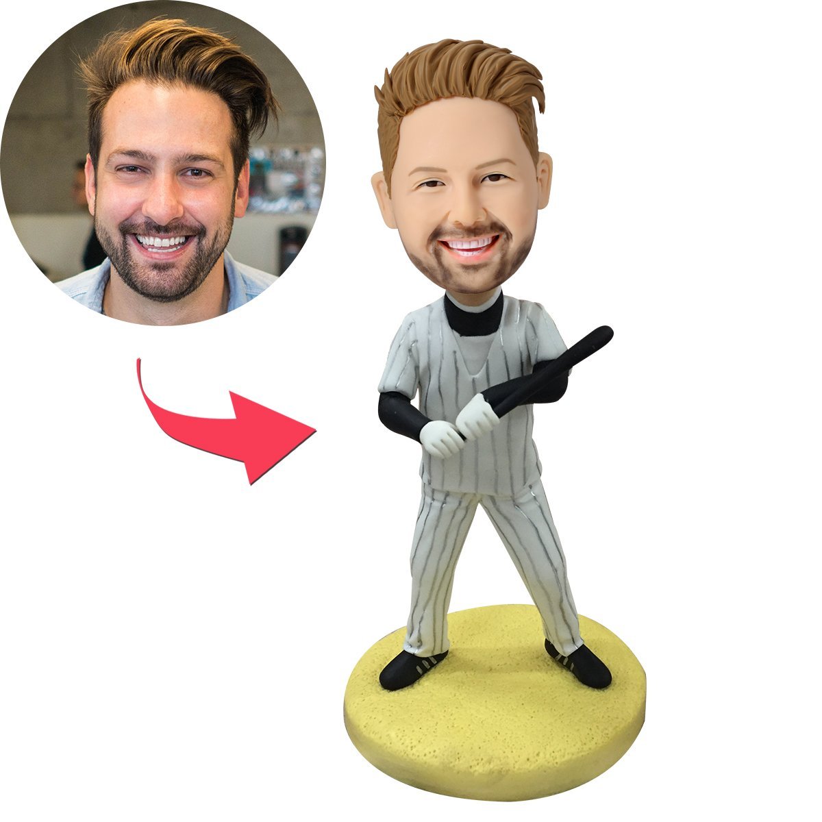 Personalised baseball batsman polymer clay bobblehead with engraved name on base, custom head likeness in fixed batting pose