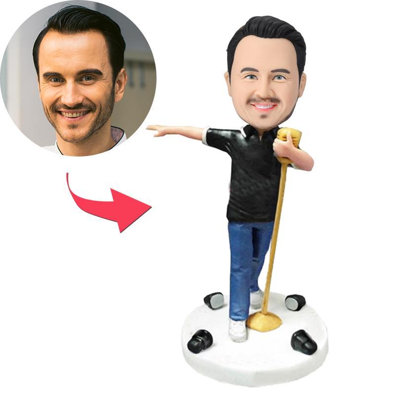 Personalised singer bobblehead with engraved text on the base - polymer clay figure featuring a customised head from your photo, fixed singer body and microphone pose, ideal gift for music lovers