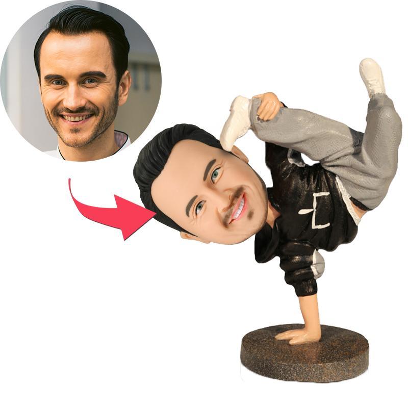 Personalised hip‑hop boy custom bobblehead in polymer clay with customised head and engraved text on the base — ideal personalised gift for him