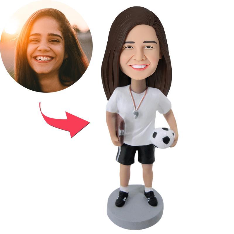 Personalised female coach bobblehead – full‑length polymer clay figure in sports attire with a customised head and engraved base, ideal personalised face gift and engraved coach bobblehead present for teachers or coaches