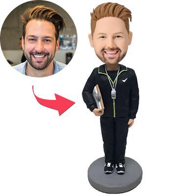 Front view of personalised male coach bobblehead with engraved text – handcrafted polymer-clay figure with custom head likeness, ideal thank-you gift for coaches and mentors