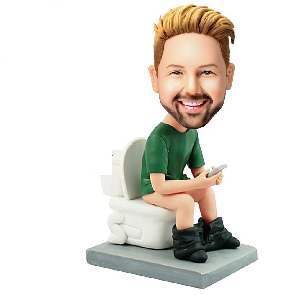 Handmade personalised man on the toilet custom bobblehead – polymer clay photo bobble head, full front view, ideal gag gift