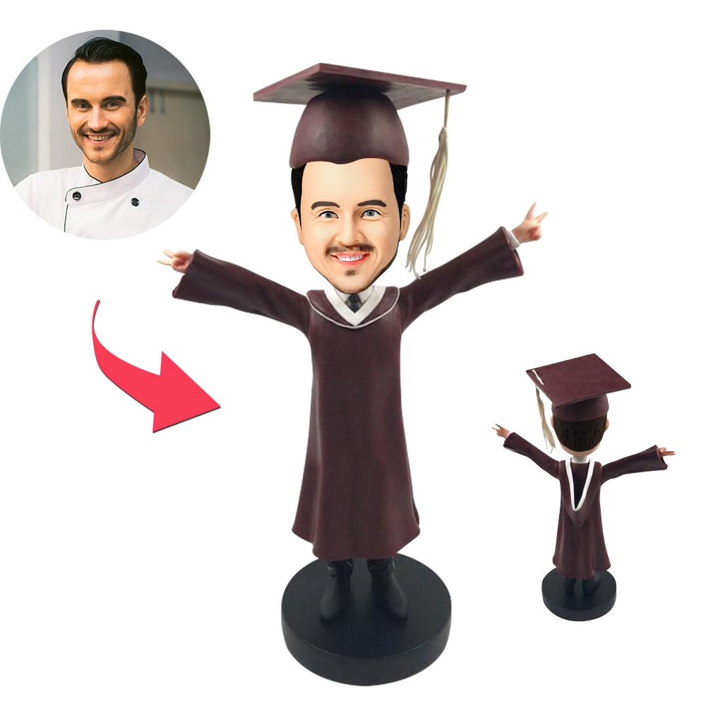 Personalised Graduation Bobblehead Model F in polymer clay with engraved base, customised face and hairstyle — ideal personalised graduation gift